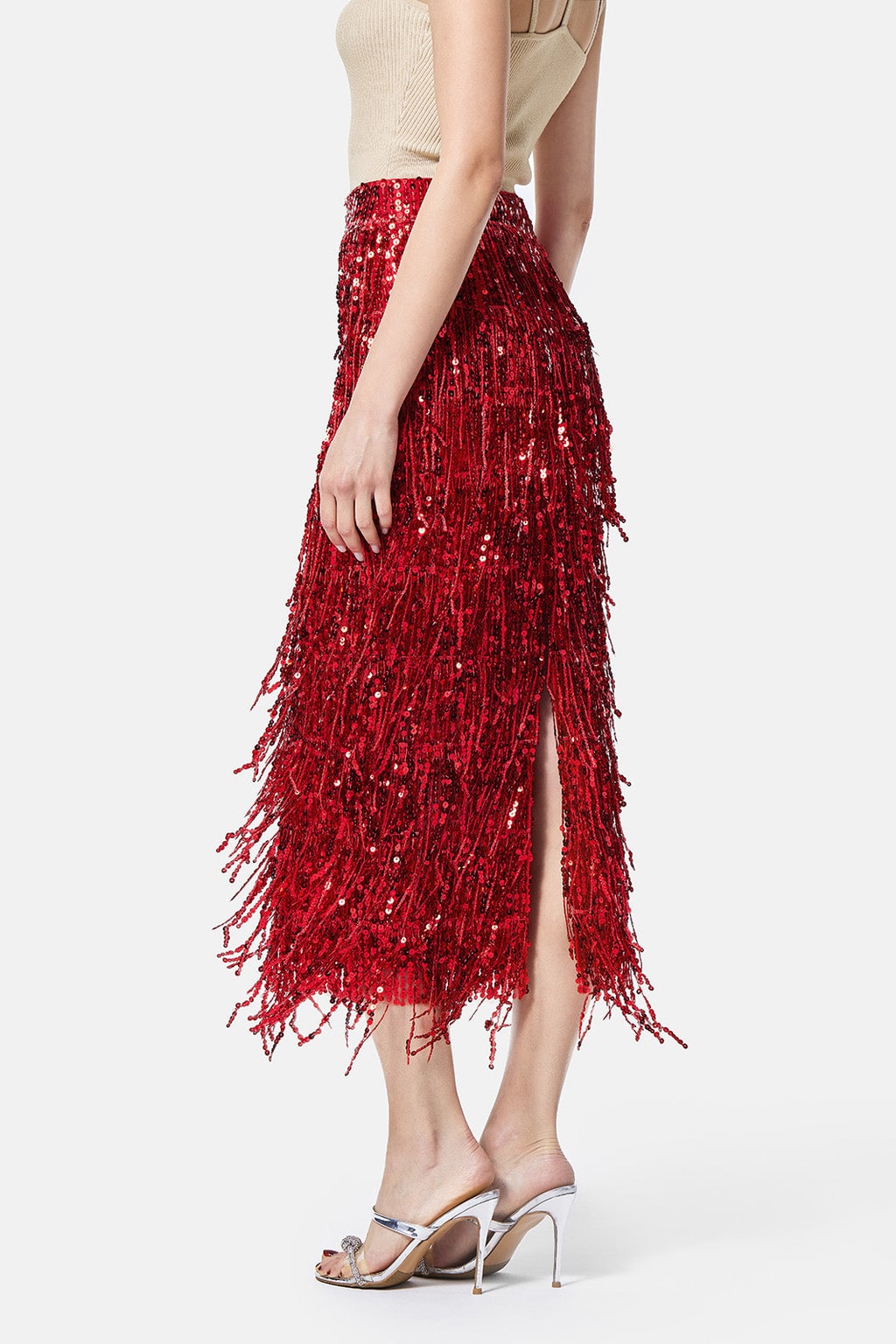 Sequin Midi Skirt with Tassel Fringe - 6