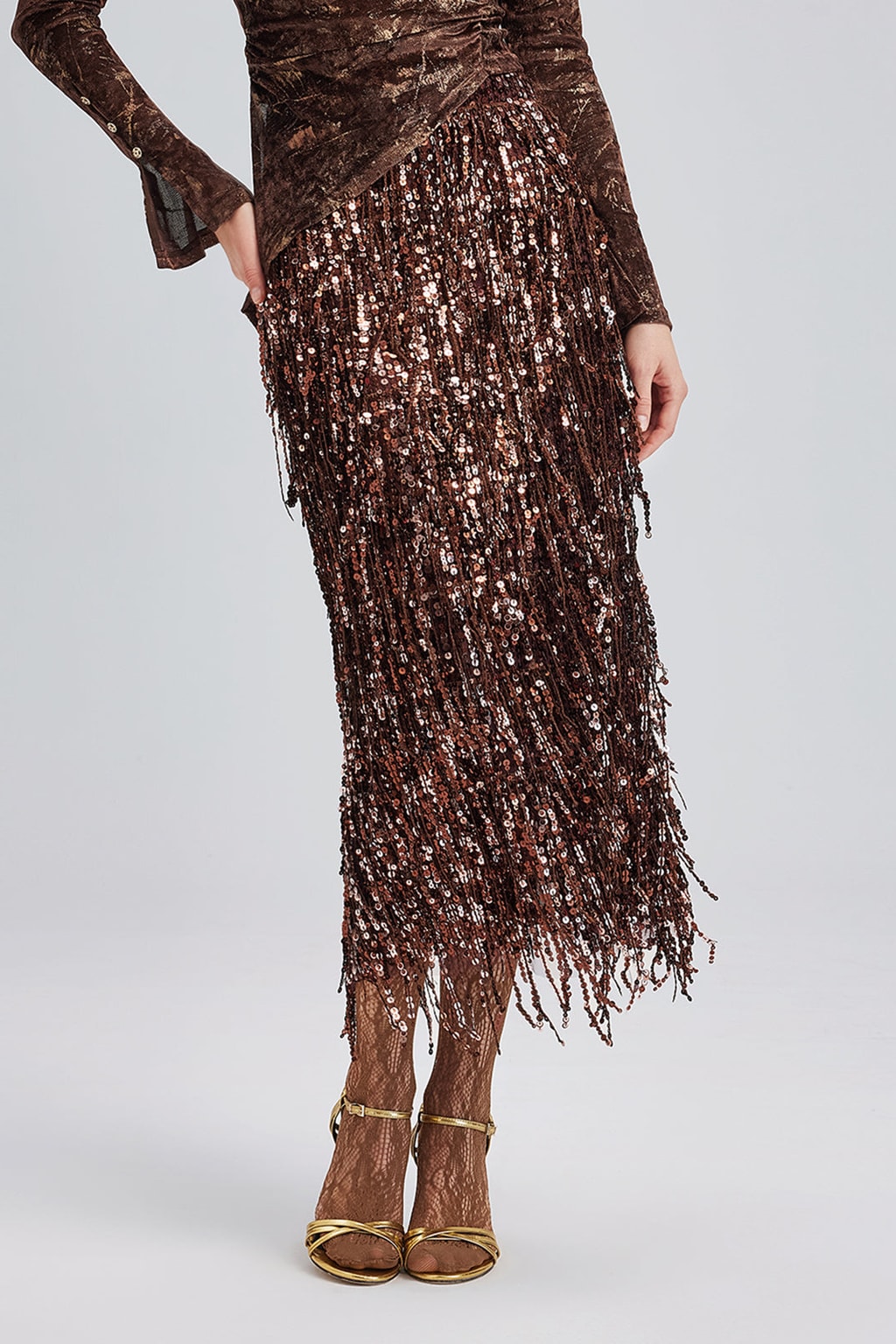Sequin Midi Skirt with Tassel Fringe - 11