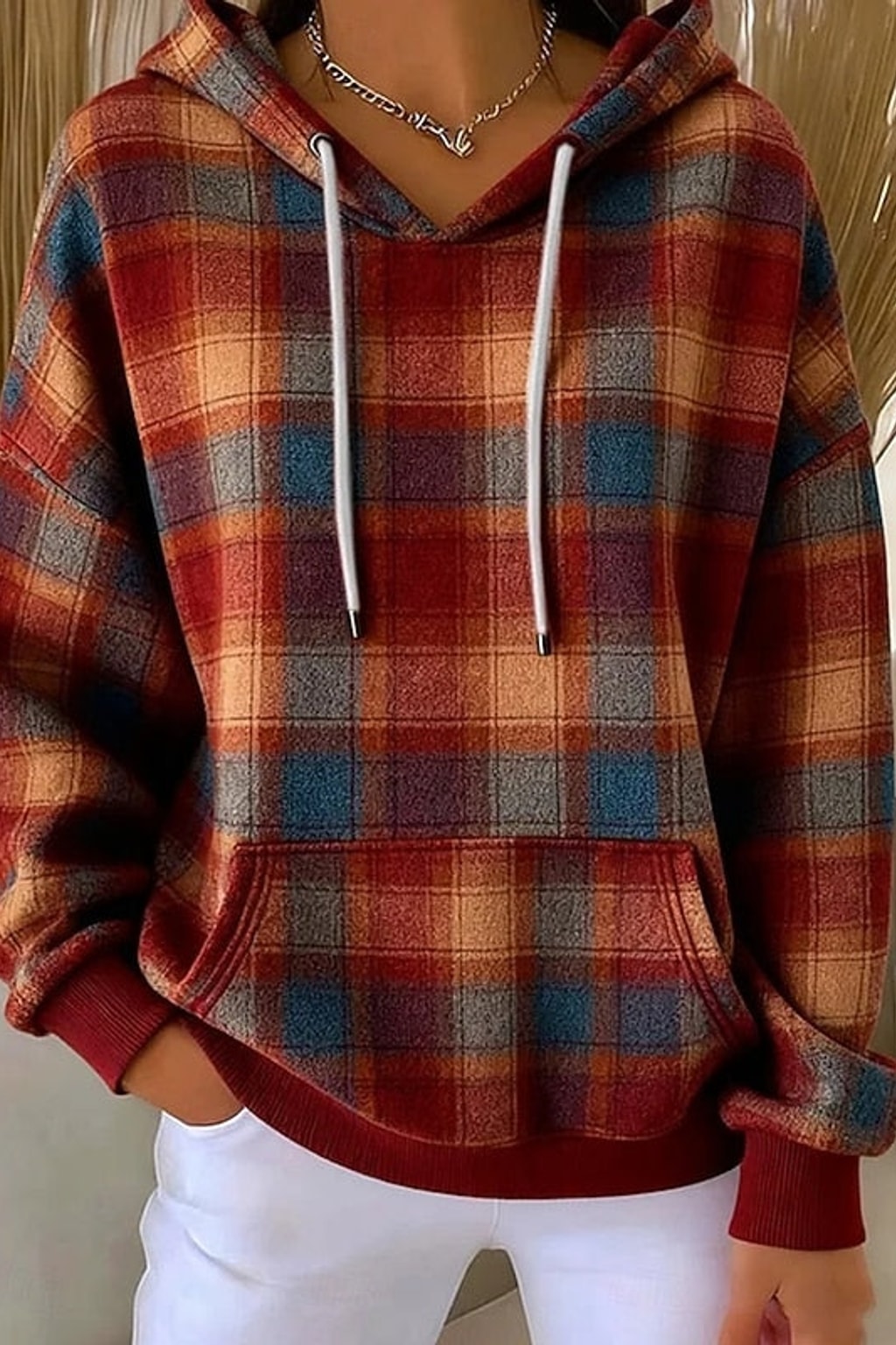 Checked Pullover Hoodie With Kangaroo Pocket - 7