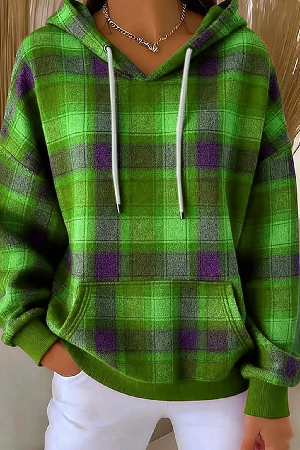 Checked Pullover Hoodie With Kangaroo Pocket - 8