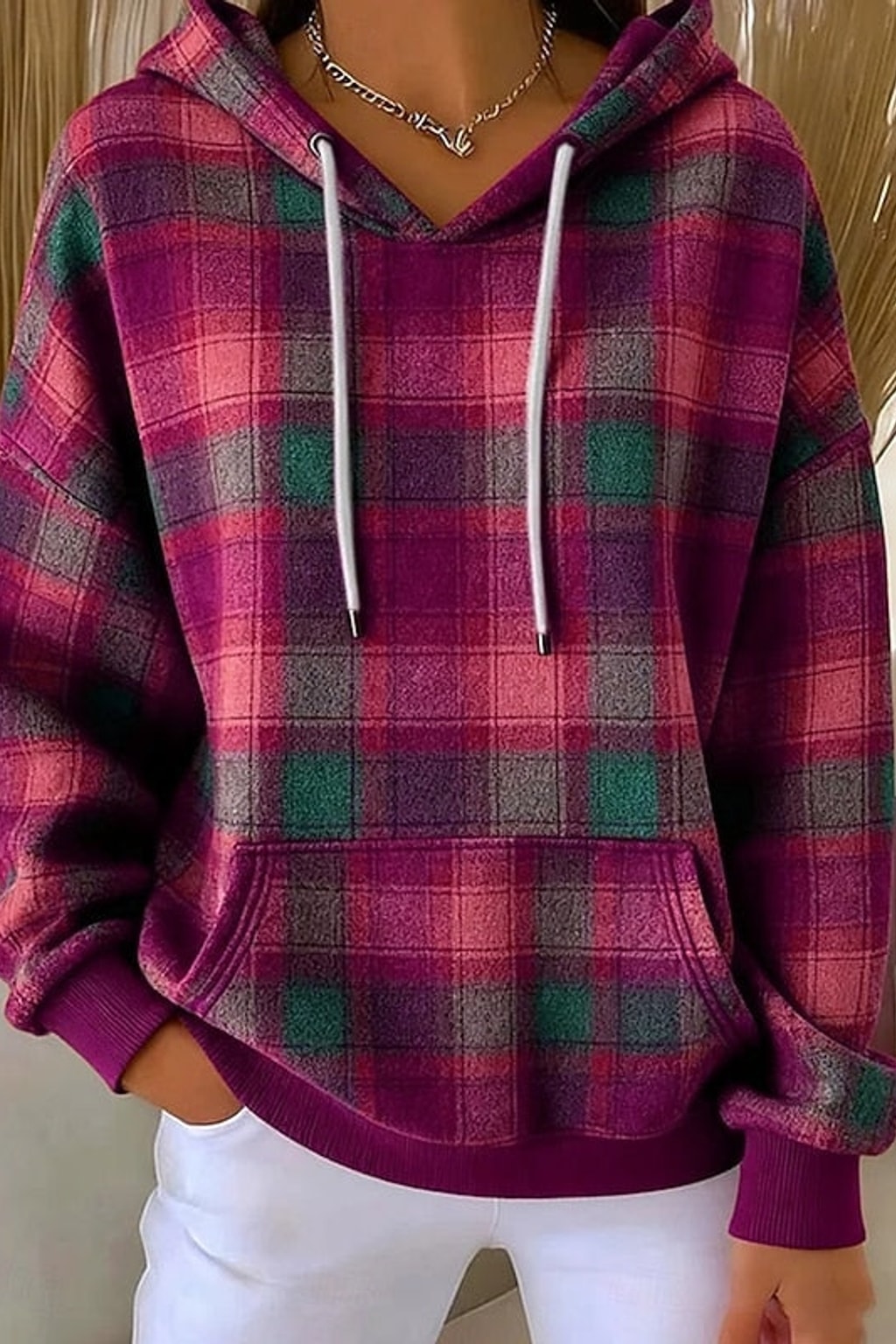 Checked Pullover Hoodie With Kangaroo Pocket - 9