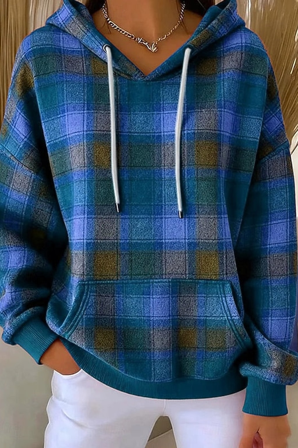Checked Pullover Hoodie With Kangaroo Pocket - 10