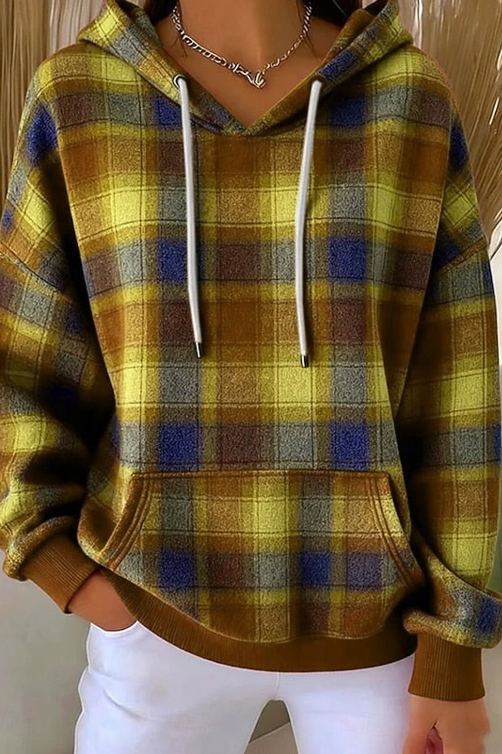 Checked Pullover Hoodie With Kangaroo Pocket - 11