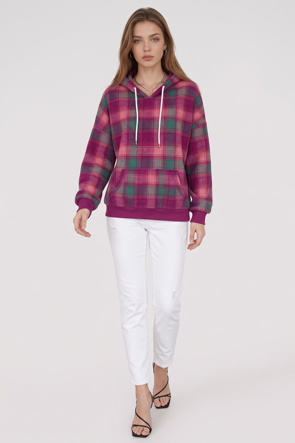 Checked Pullover Hoodie With Kangaroo Pocket - 4