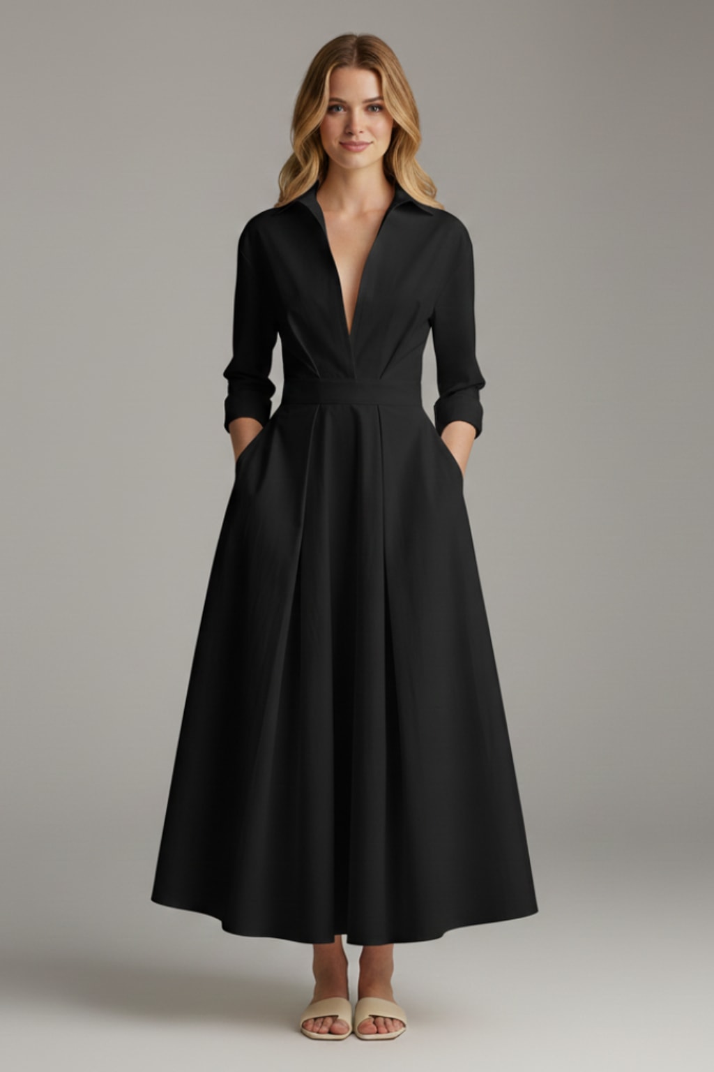 Button-Front Collared Midi Dress - 6