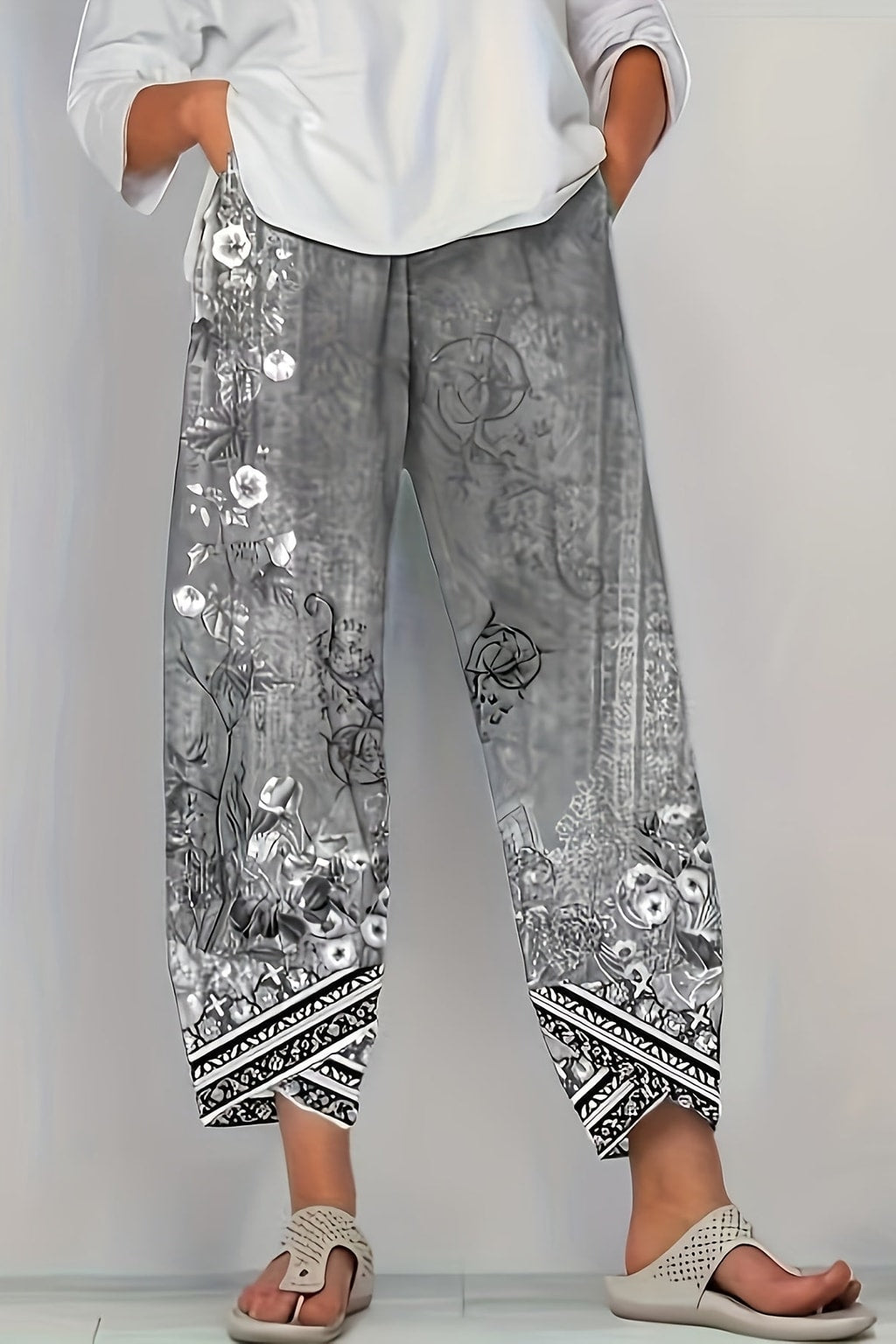 Boho Botanical Print Cropped Pants With Elastic Waist - 2