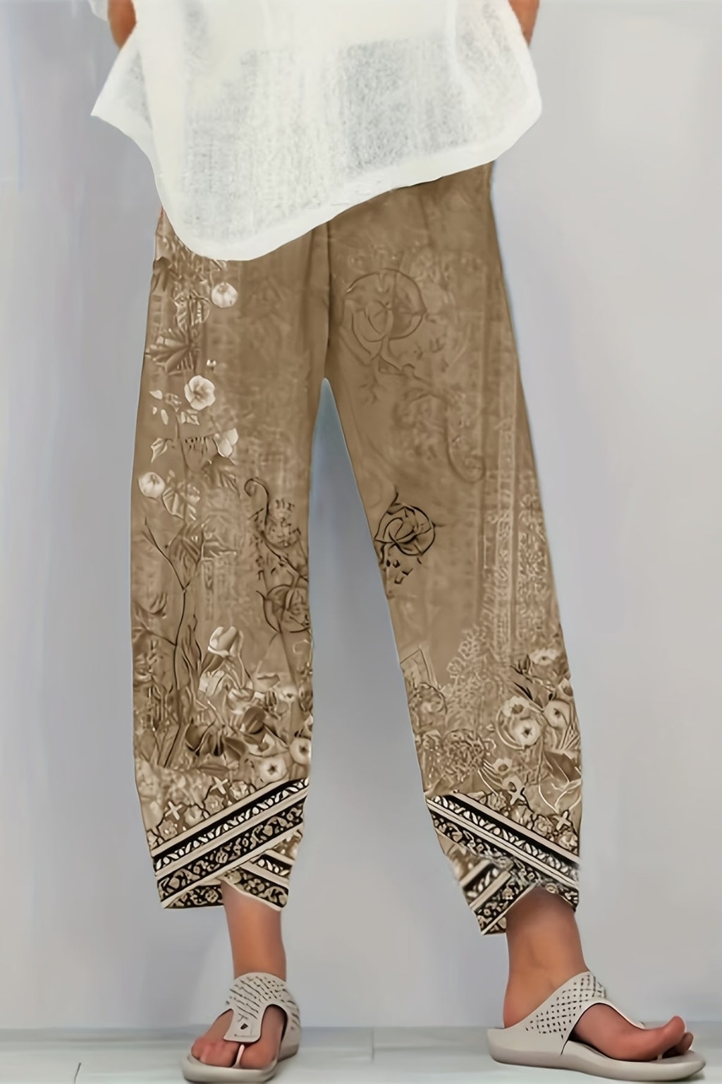 Boho Botanical Print Cropped Pants With Elastic Waist - 4