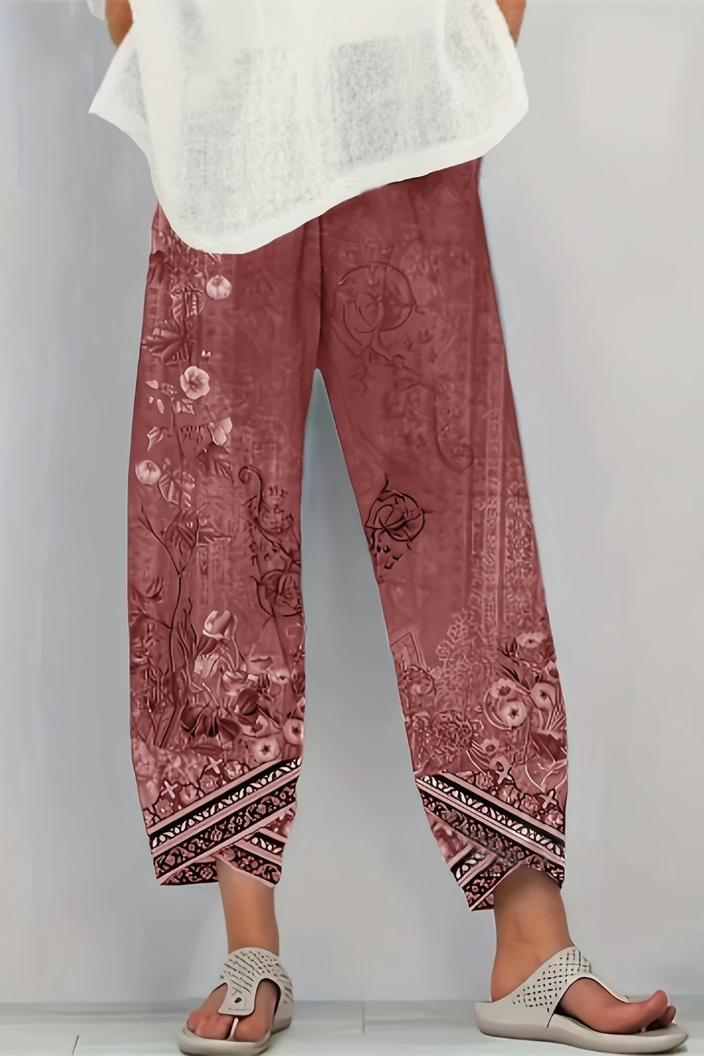 Boho Botanical Print Cropped Pants With Elastic Waist - 5