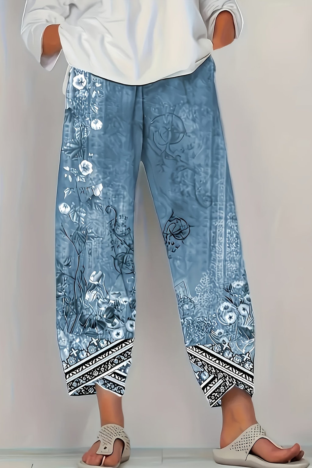 Boho Botanical Print Cropped Pants With Elastic Waist - 6