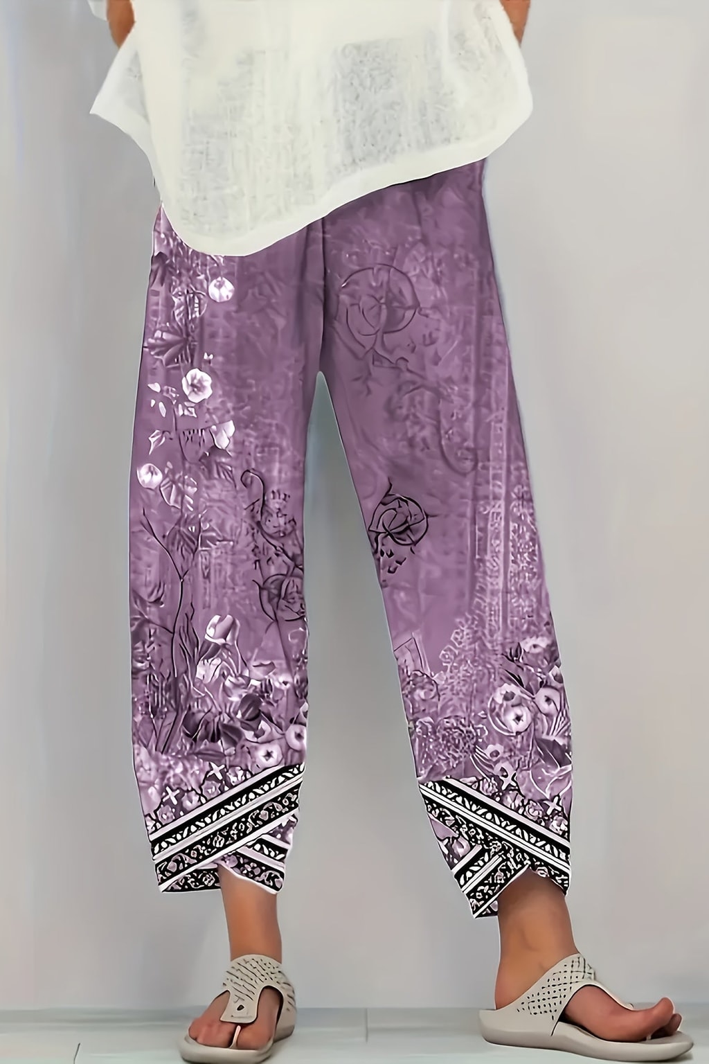 Boho Botanical Print Cropped Pants With Elastic Waist - 7