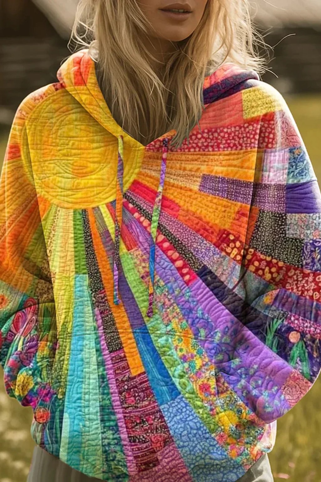 Multicolor Patchwork Bohemian Cozy Hoodie - 2