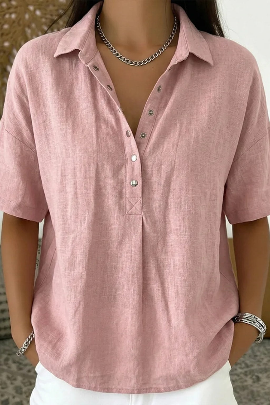 Cotton Button-Up Shirt Relaxed Fit - 7