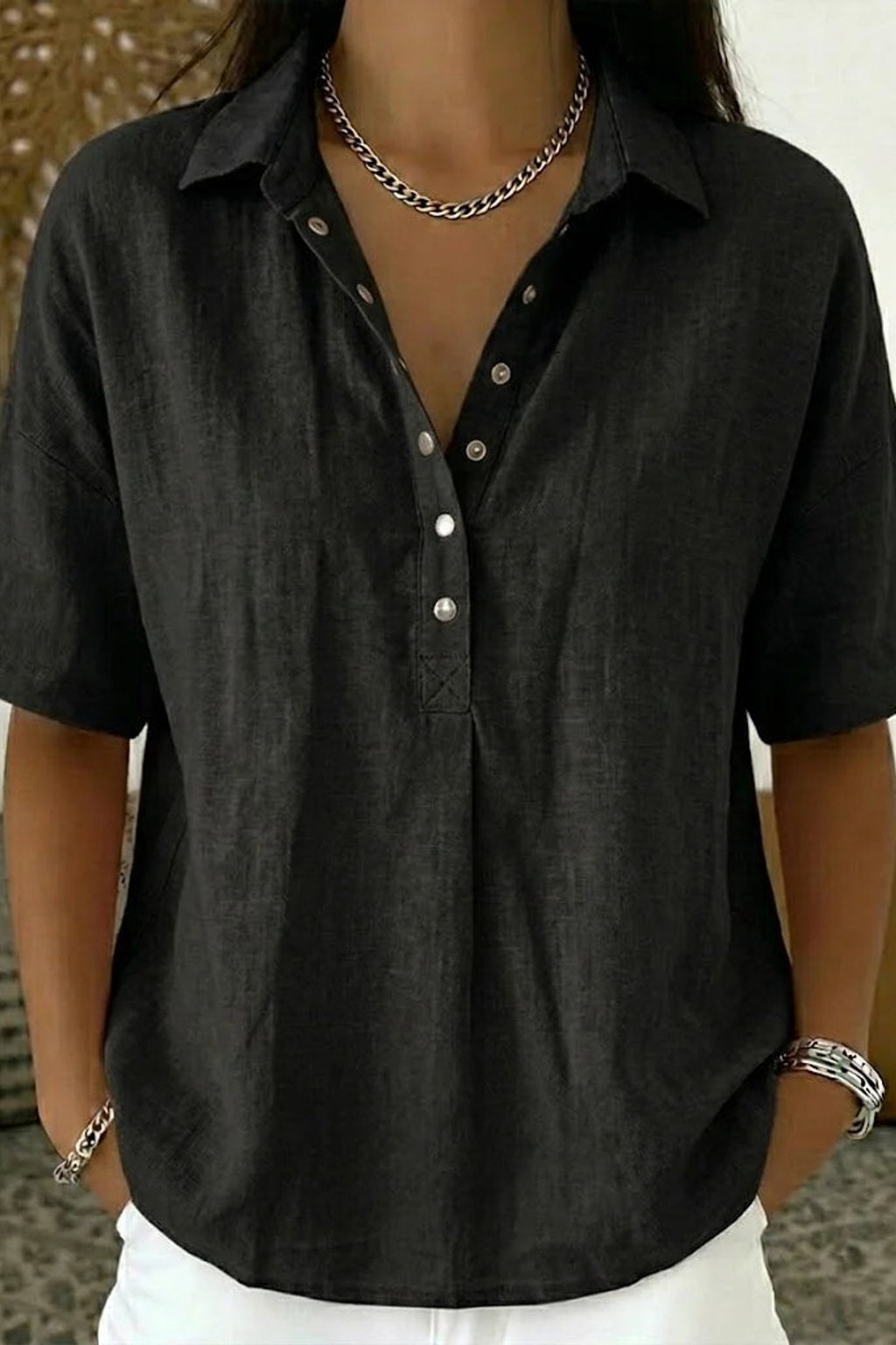 Cotton Button-Up Shirt Relaxed Fit - 8