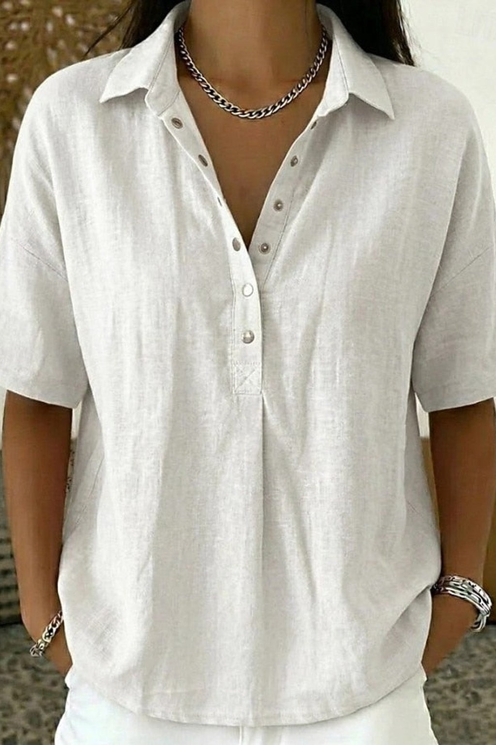 Cotton Button-Up Shirt Relaxed Fit - 9