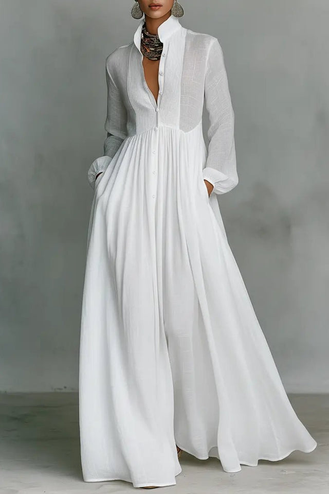 Elegant Cotton Linen Blend Button Front Maxi Dress Flowy Silhouette - 4