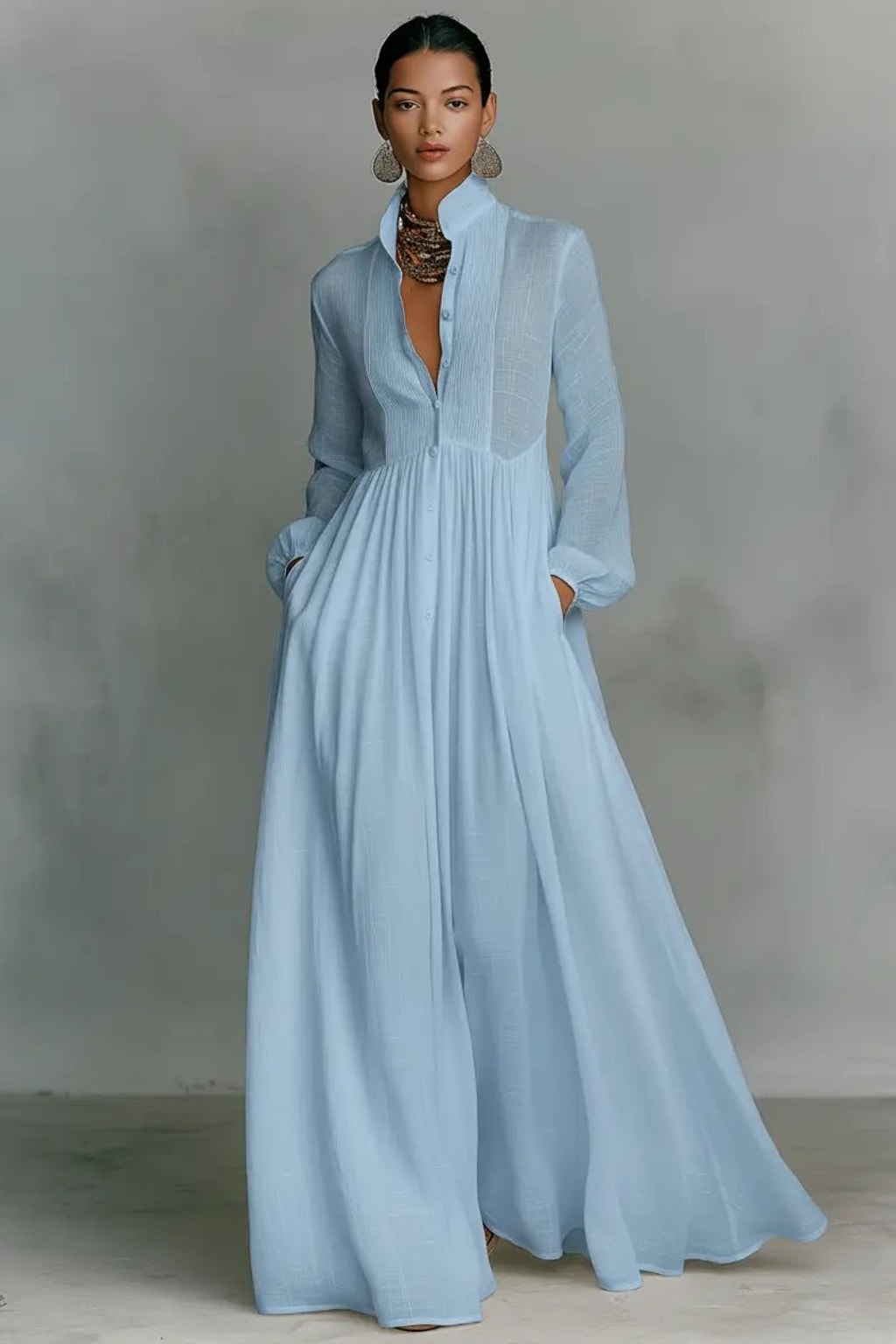 Elegant Cotton Linen Blend Button Front Maxi Dress Flowy Silhouette - 2