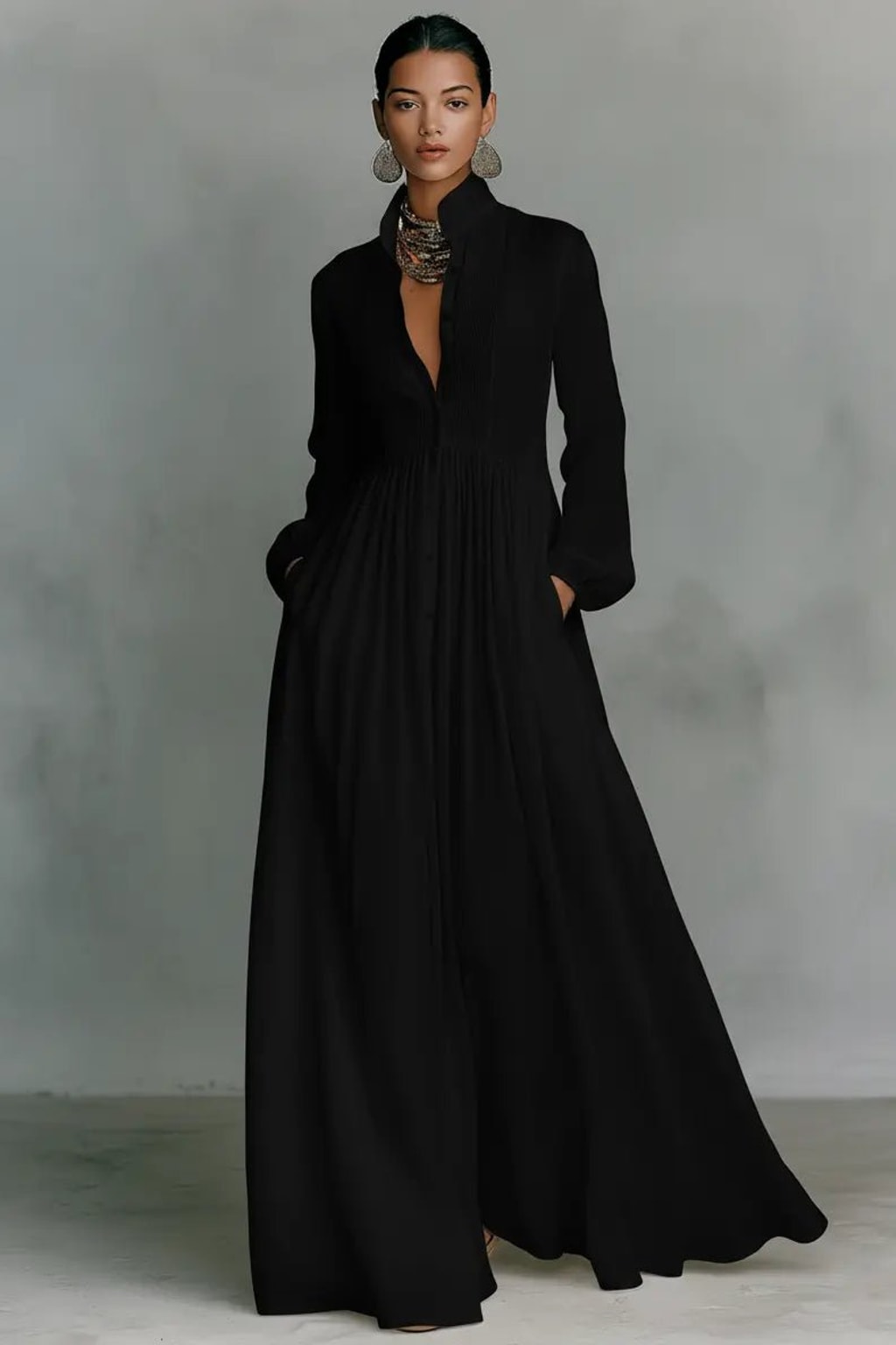 Elegant Cotton Linen Blend Button Front Maxi Dress Flowy Silhouette - 3