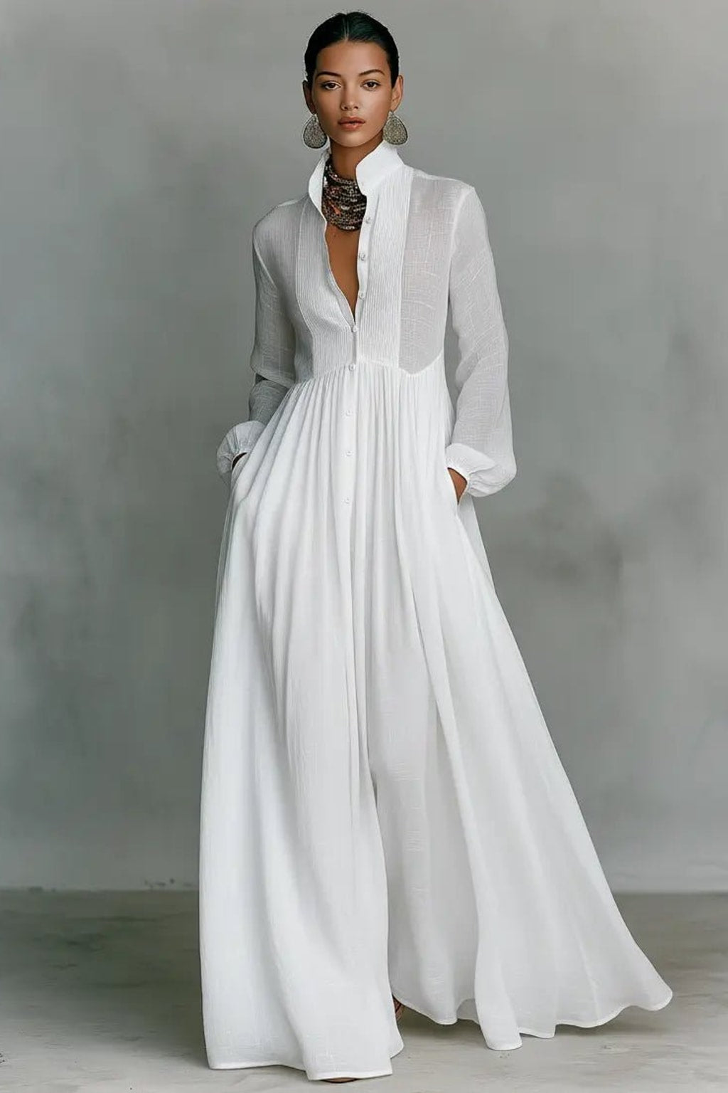Elegant Cotton Linen Blend Button Front Maxi Dress Flowy Silhouette - 7