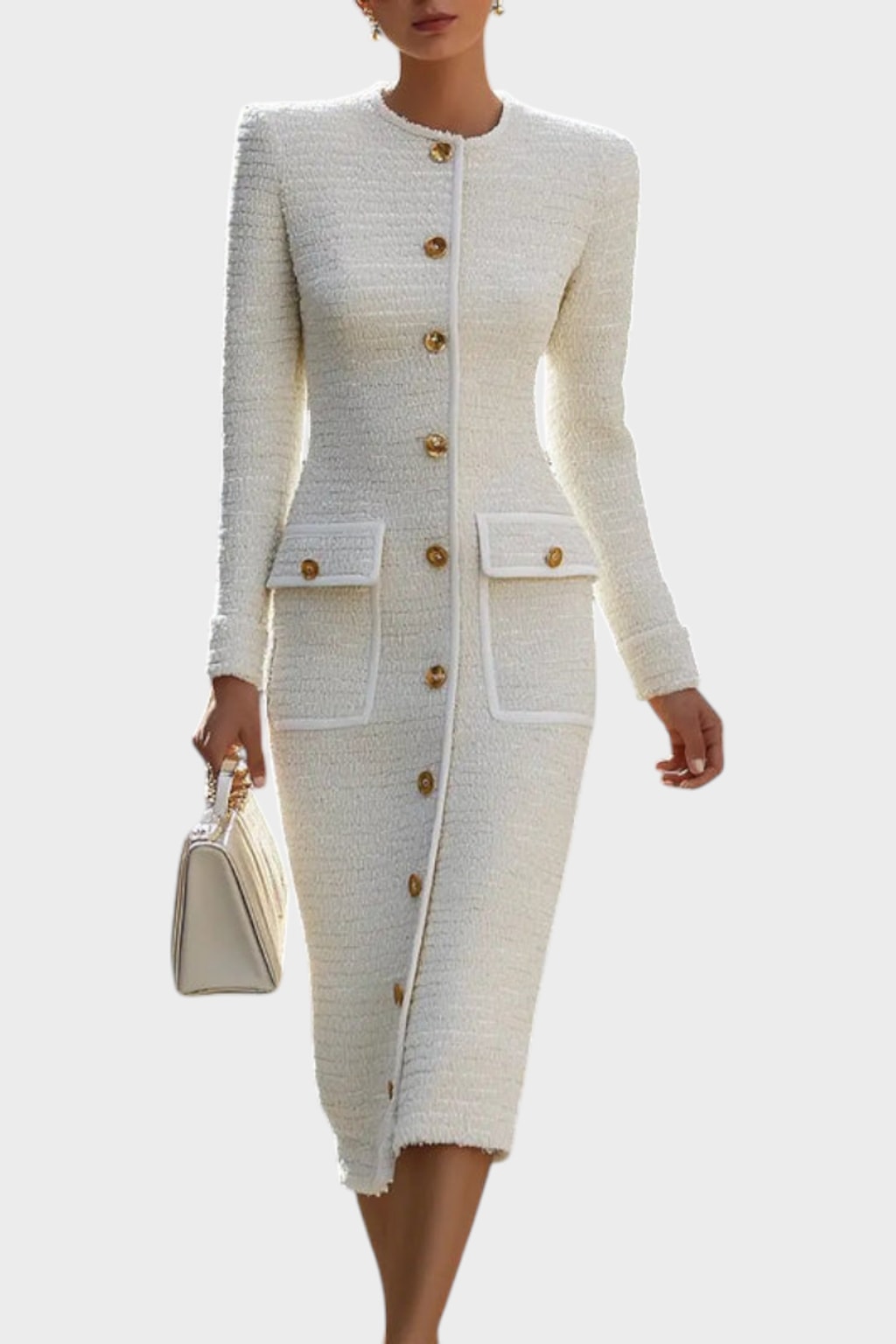 Elegant Tweed Button Front Midi Dress With Patch Pocket Detail - 2