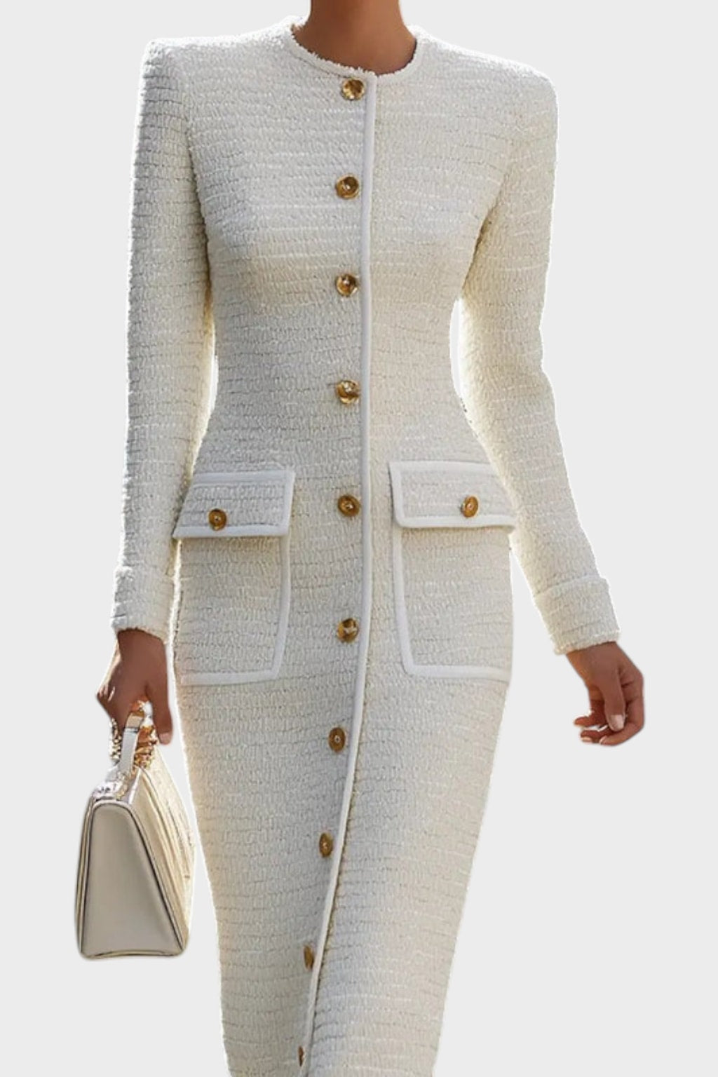 Elegant Tweed Button Front Midi Dress With Patch Pocket Detail - 3