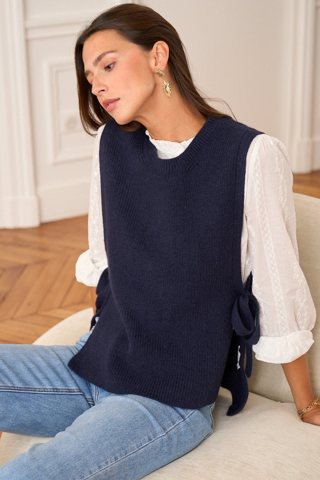 Navy Knit Sleeveless Sweater With Side-Tie Closure - 2