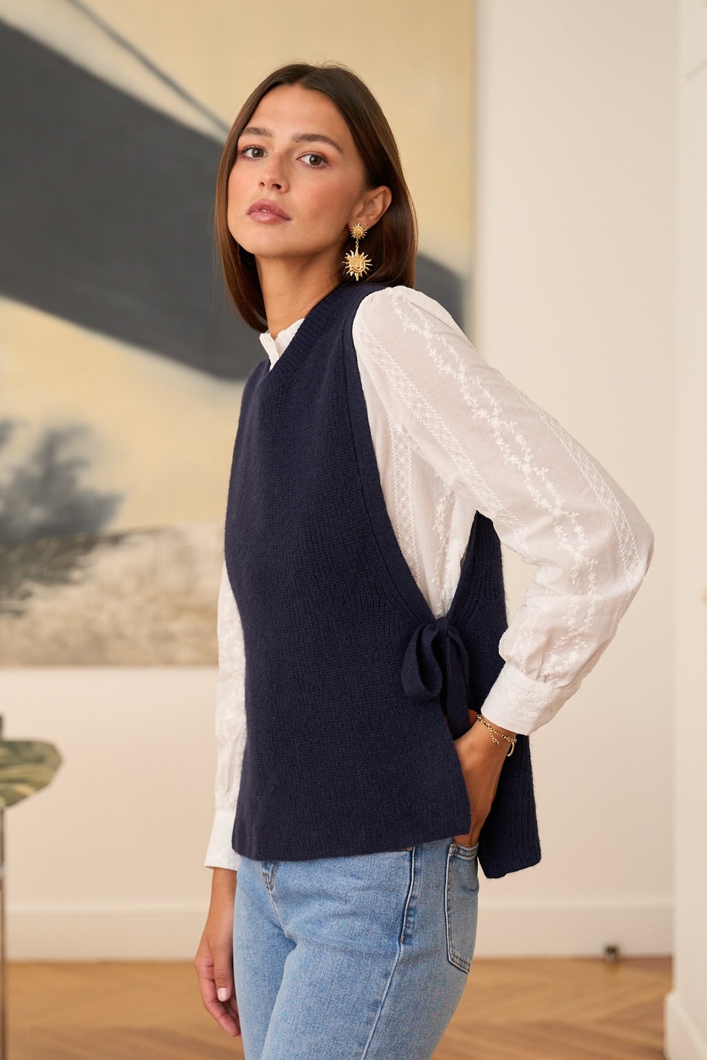 Navy Knit Sleeveless Sweater With Side-Tie Closure - 3