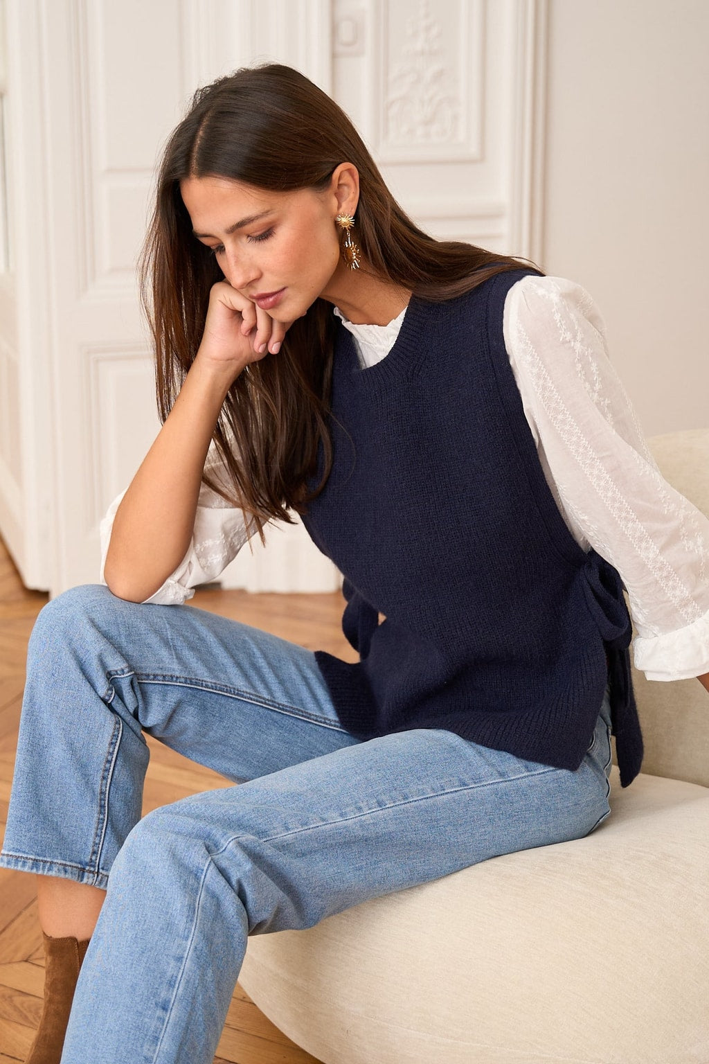 Navy Knit Sleeveless Sweater With Side-Tie Closure - 6