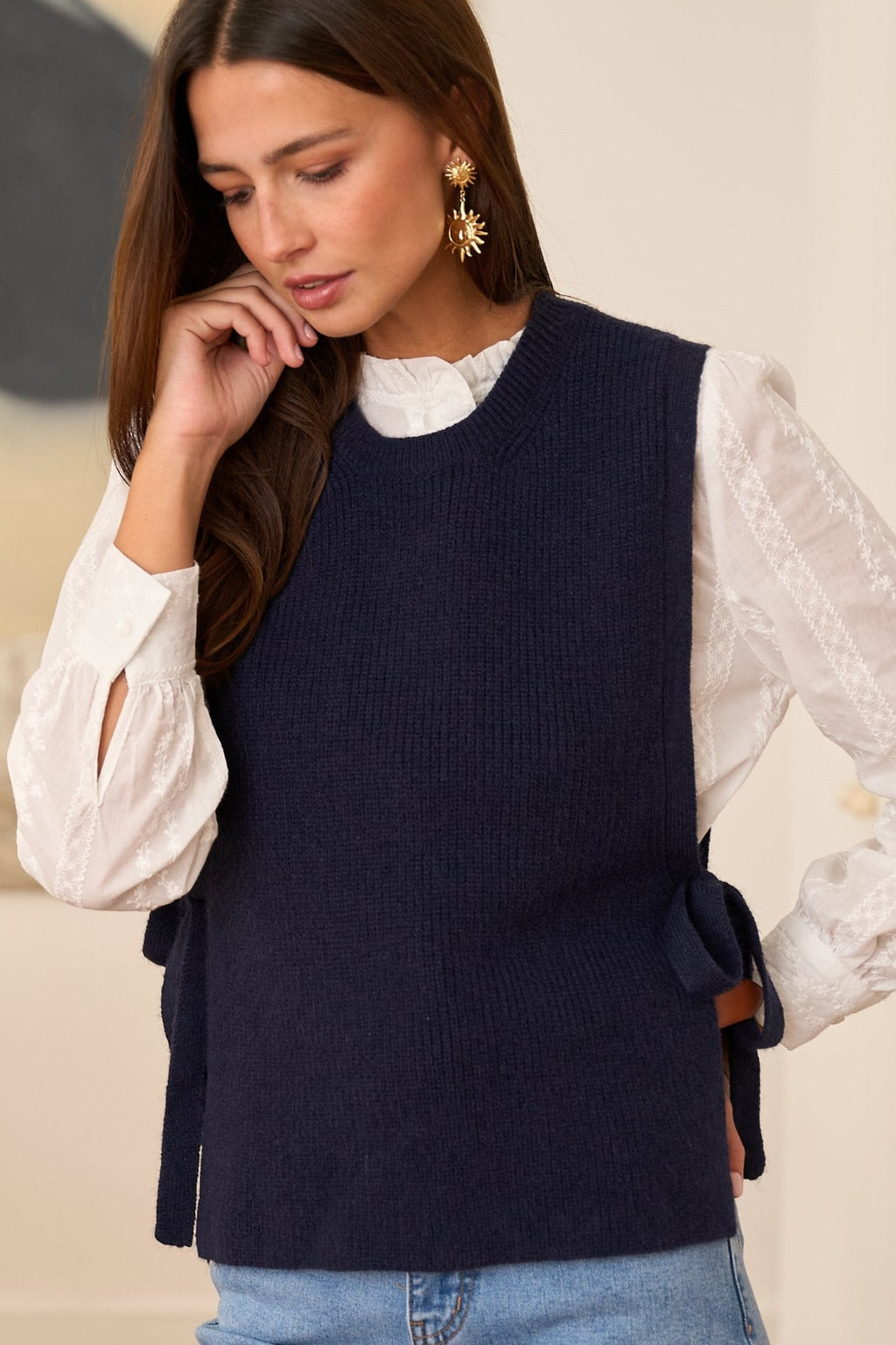 Navy Knit Sleeveless Sweater With Side-Tie Closure - 7