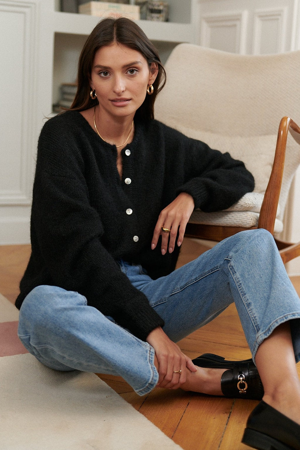 Black Knit Cardigan With Pearl Buttons - 4