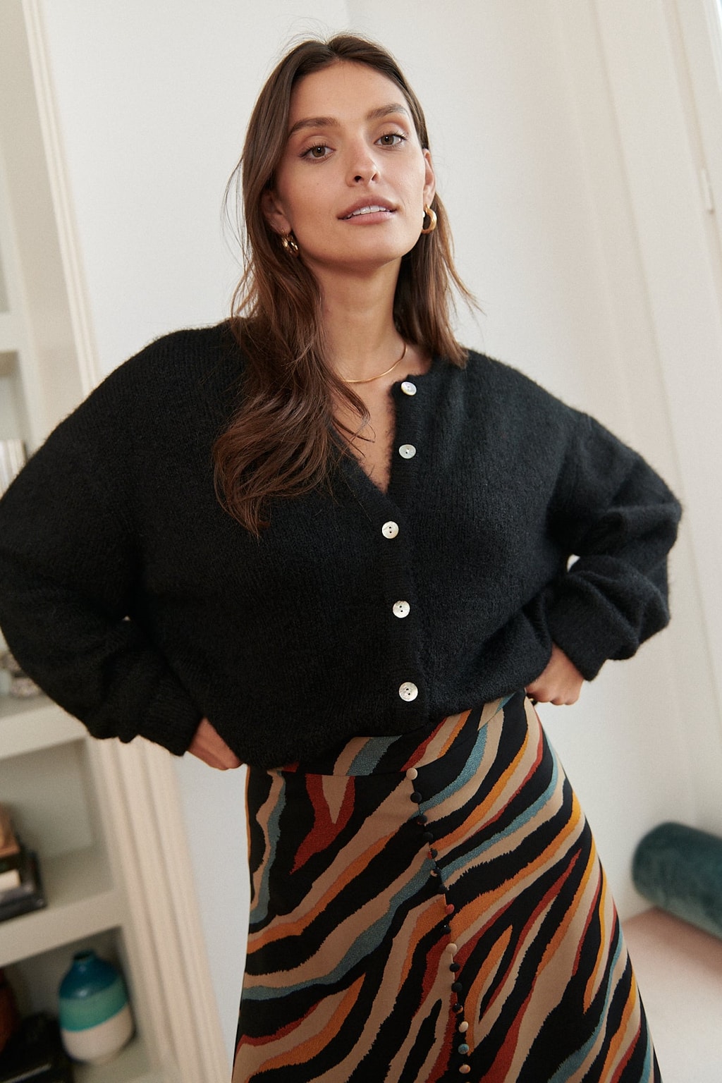 Black Knit Cardigan With Pearl Buttons - 2