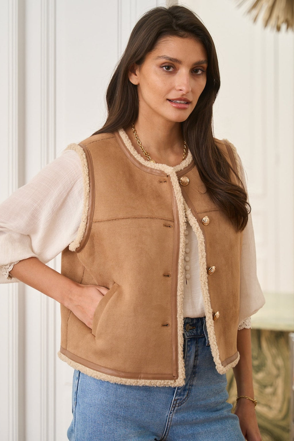 Camel Faux Shearling Vest with Gold Buttons - 2
