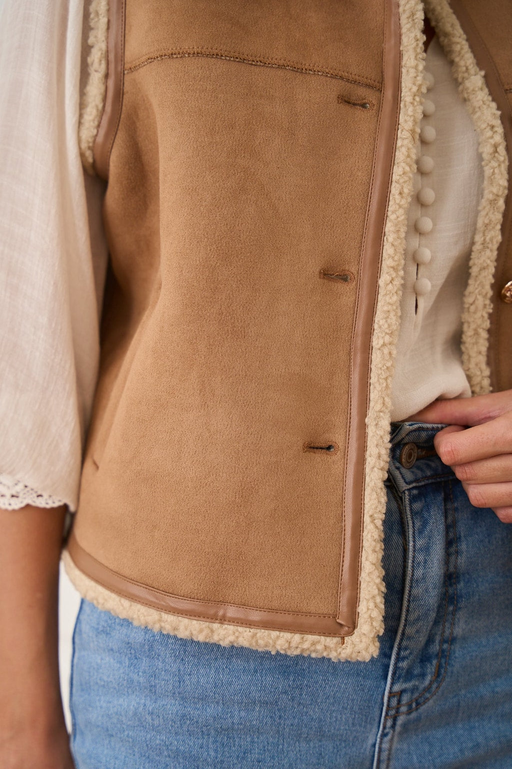 Camel Faux Shearling Vest with Gold Buttons - 4