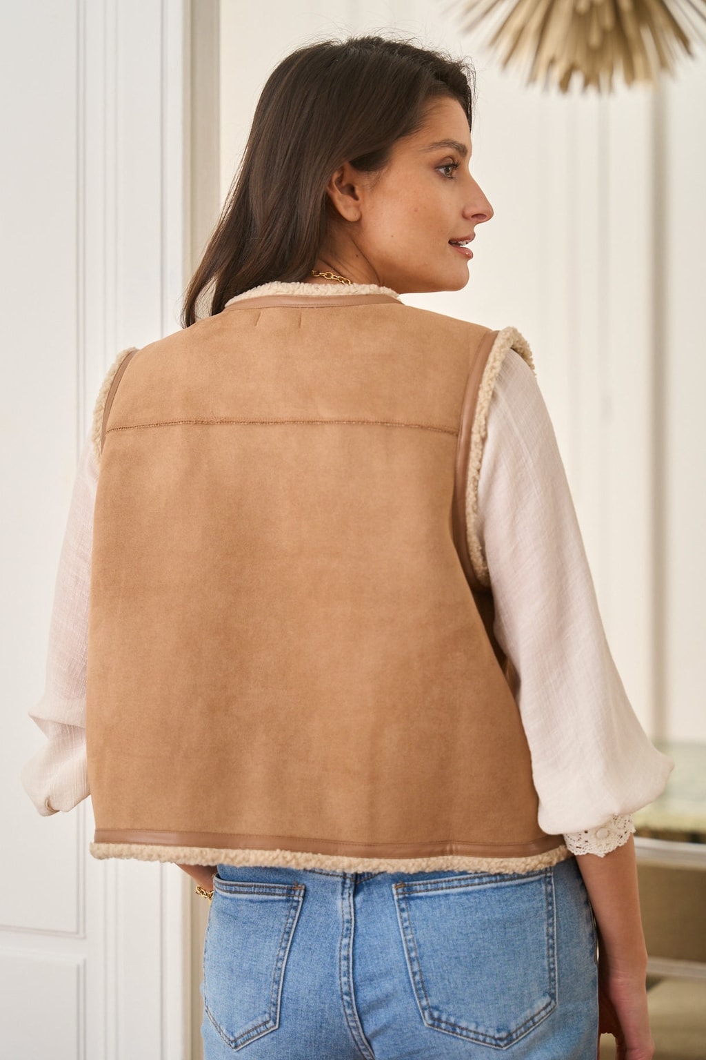 Camel Faux Shearling Vest with Gold Buttons - 5