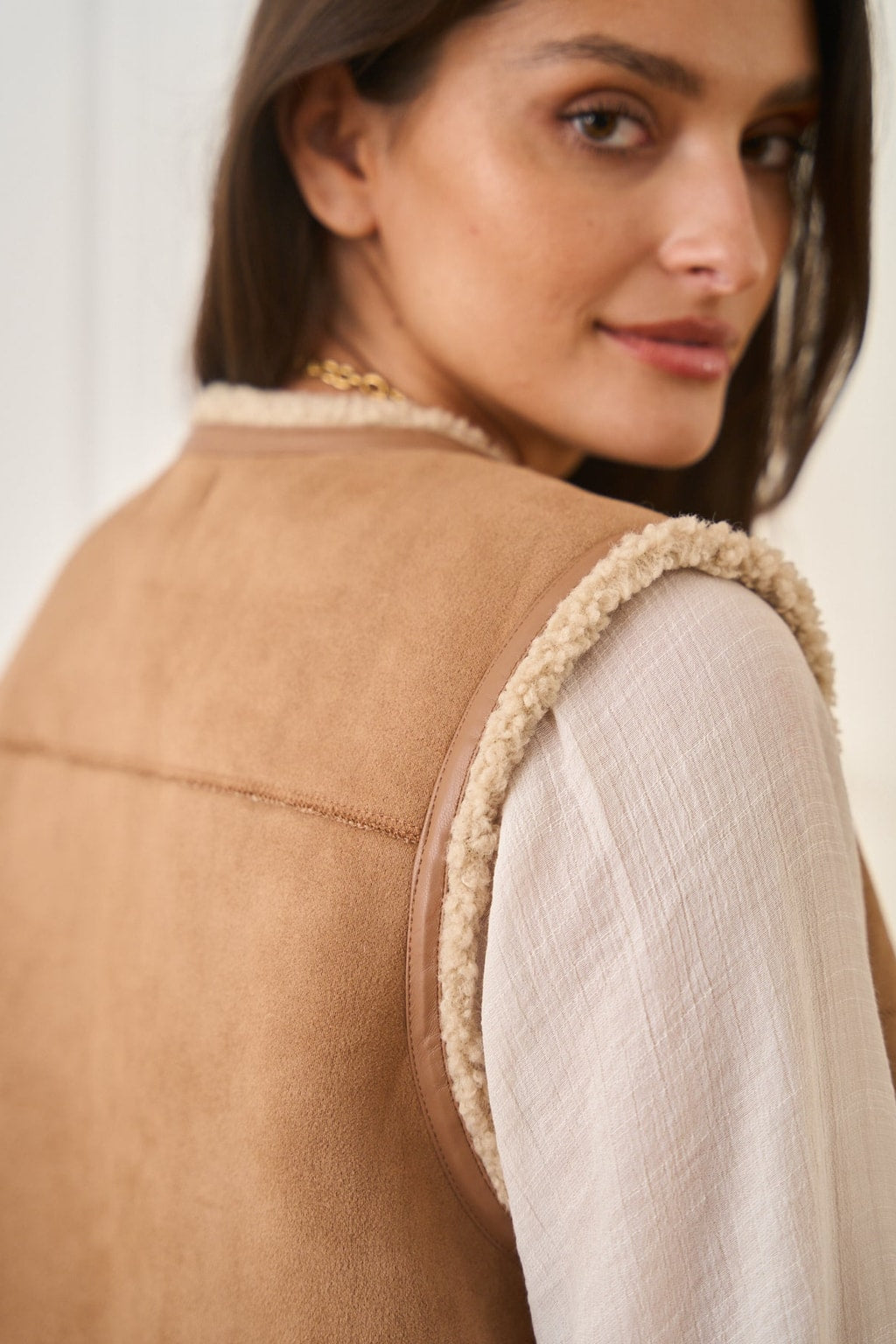 Camel Faux Shearling Vest with Gold Buttons - 6