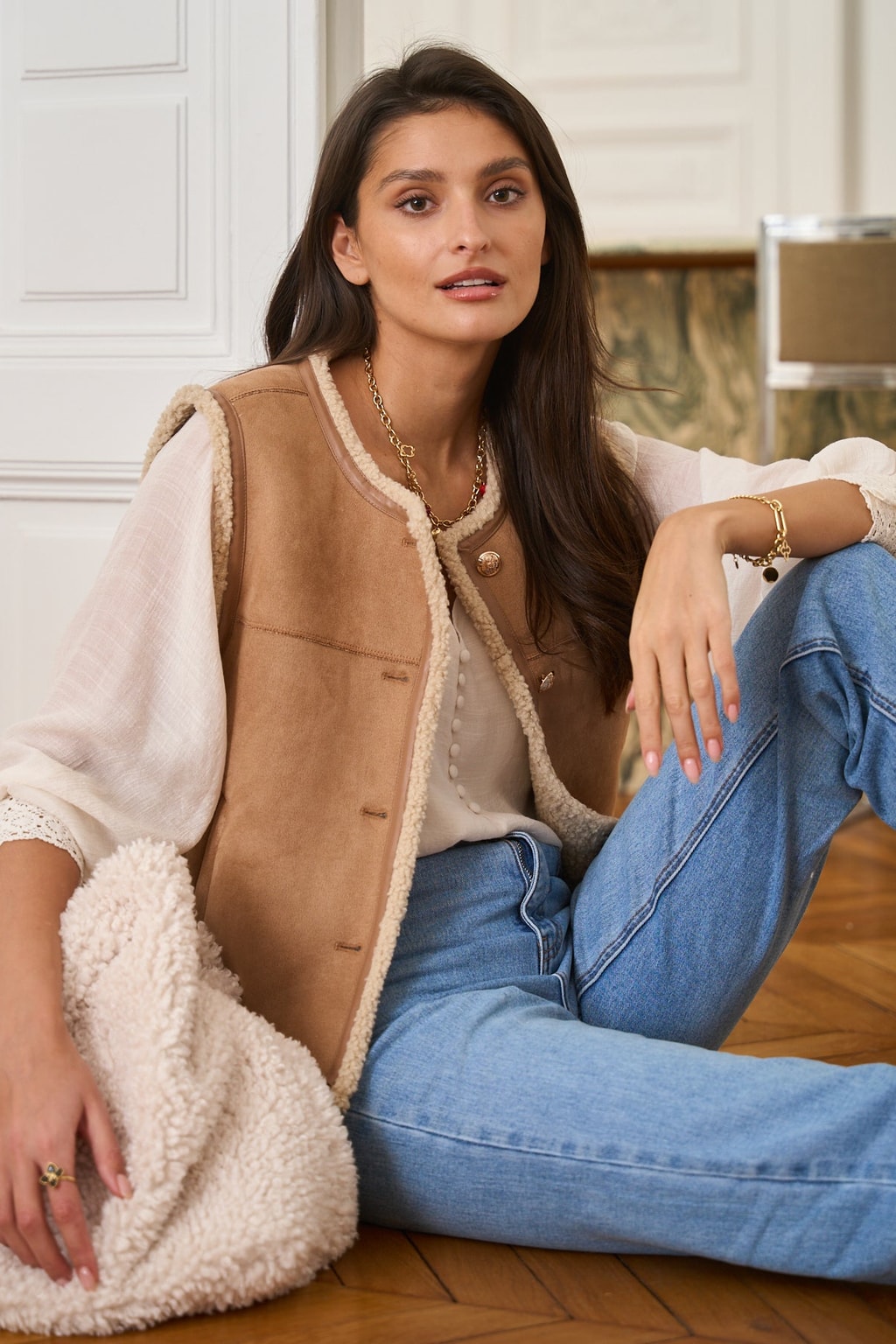 Camel Faux Shearling Vest with Gold Buttons - 7