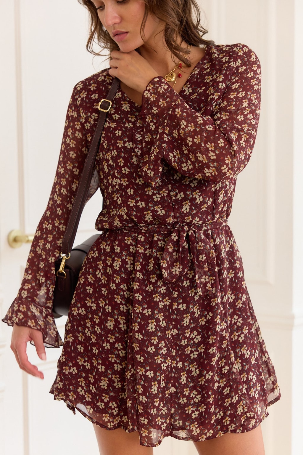 Floral Burgundy Mini Dress With Ruffle Sleeves - 2