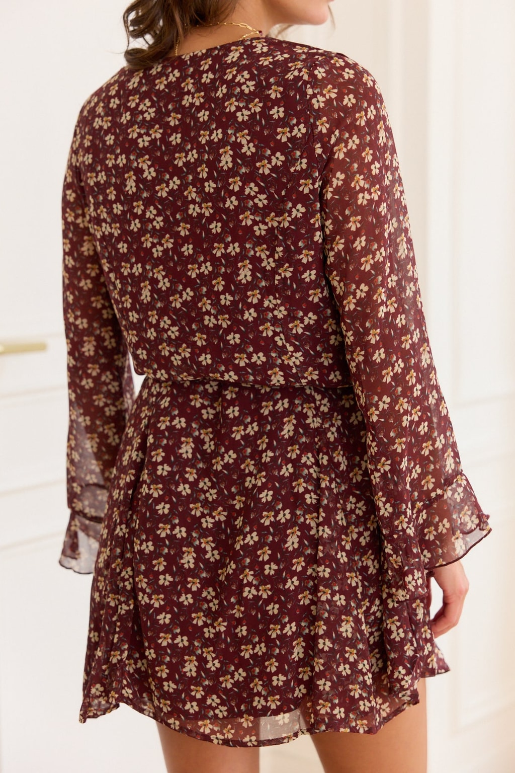 Floral Burgundy Mini Dress With Ruffle Sleeves - 6