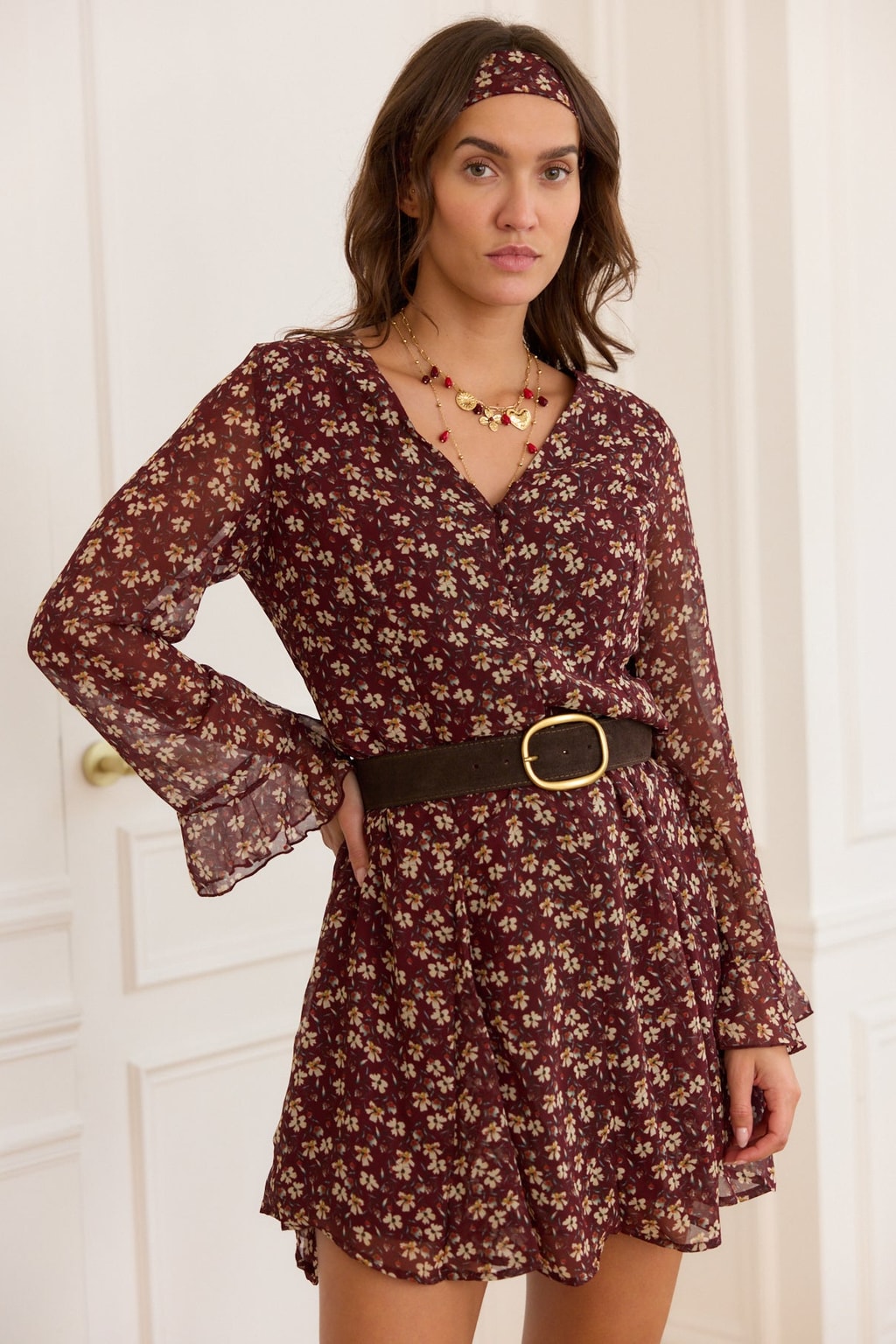 Floral Burgundy Mini Dress With Ruffle Sleeves - 7