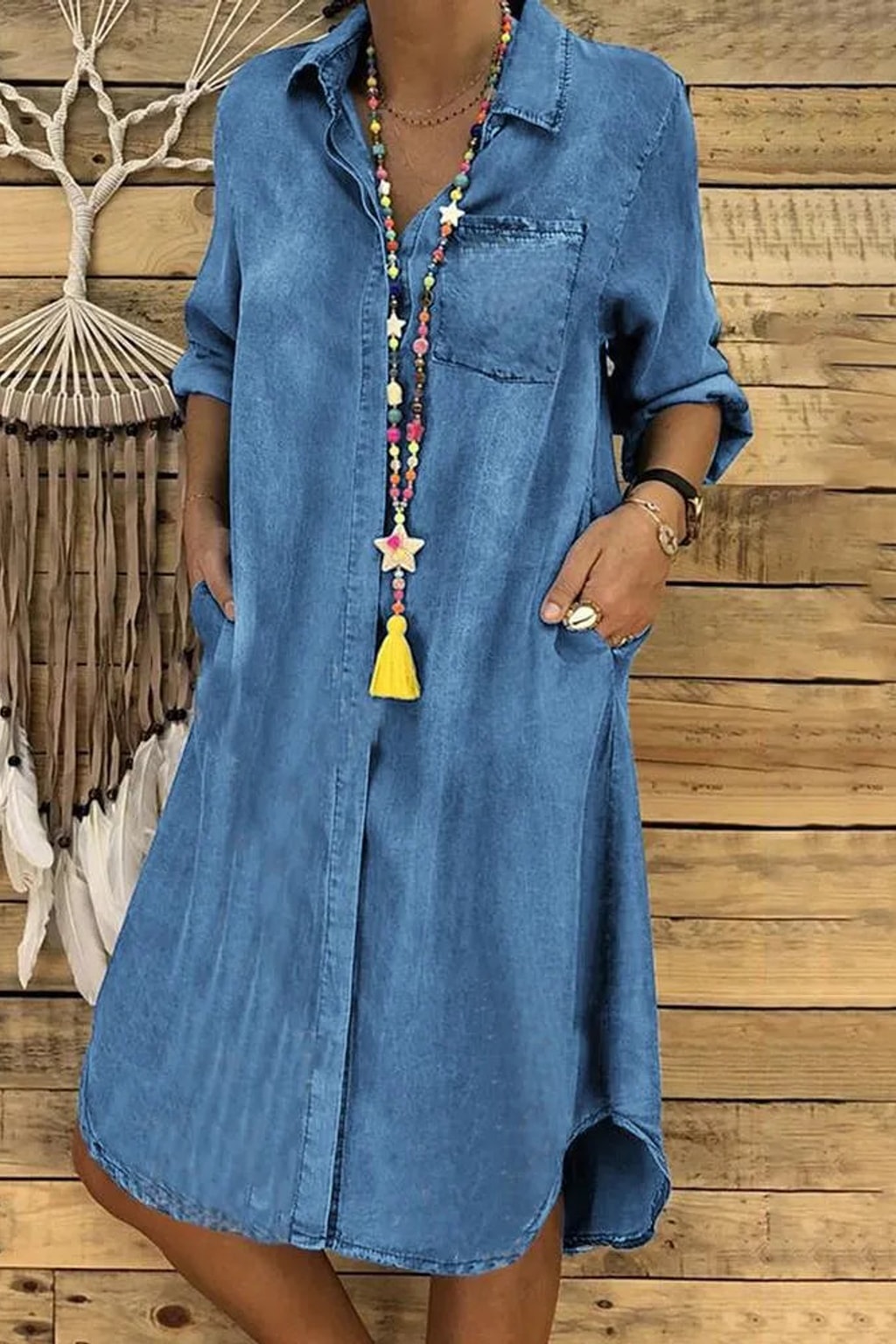Denim Shirt Dress With Relaxed Fit And Pockets - 2