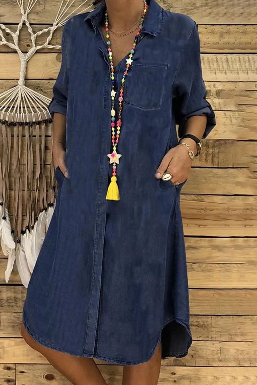 Denim Shirt Dress With Relaxed Fit And Pockets - 3