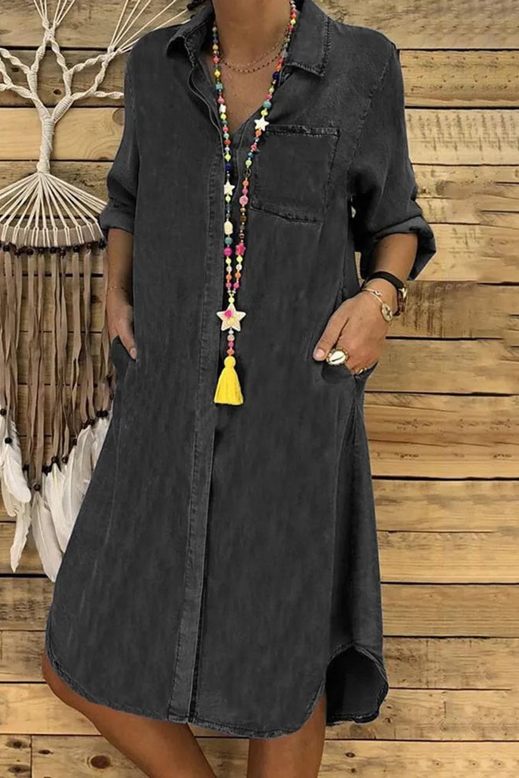 Denim Shirt Dress With Relaxed Fit And Pockets - 4