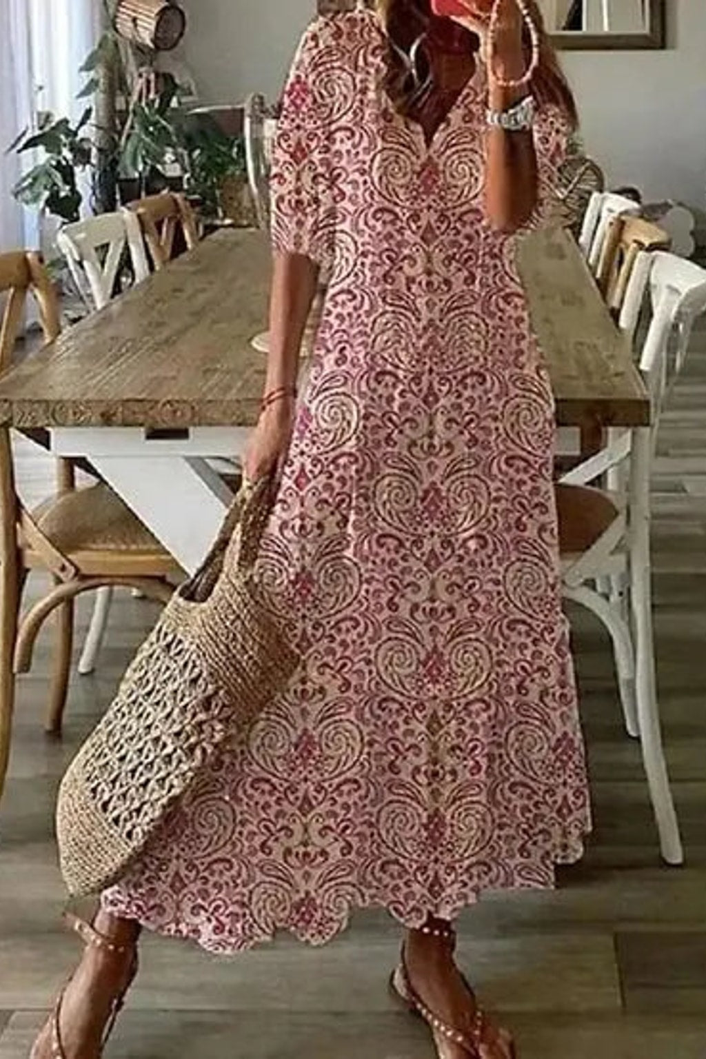 Effortless Flowy Boho Midi Dress with Flattering Fit - 4