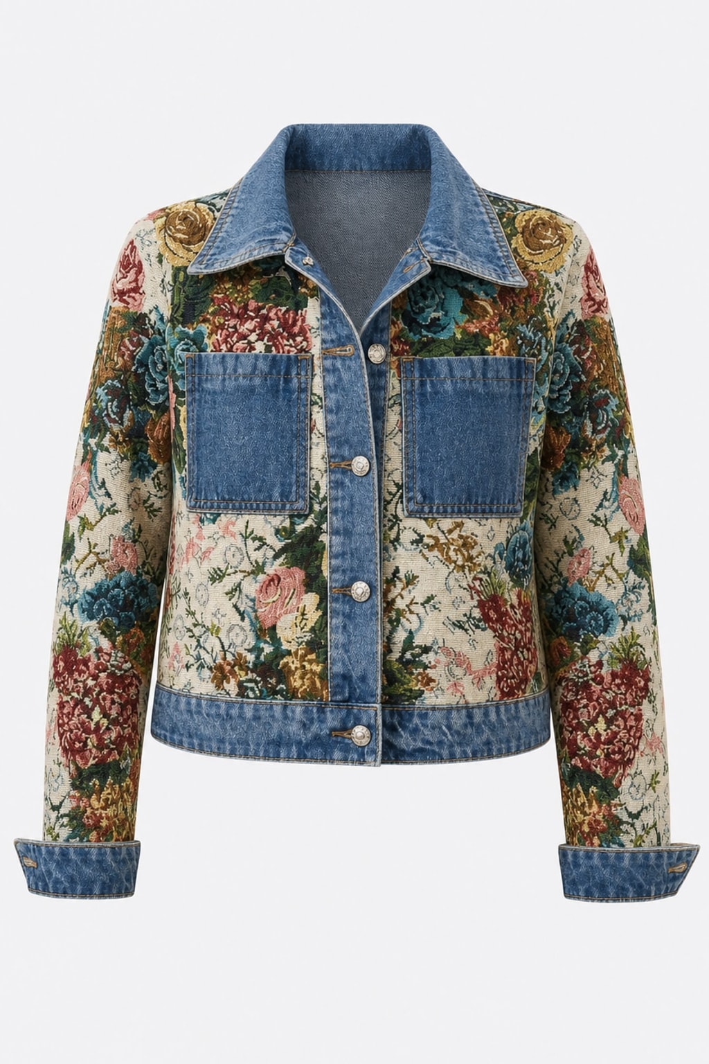 Cotton Denim Jacket Floral Embroidered - 1