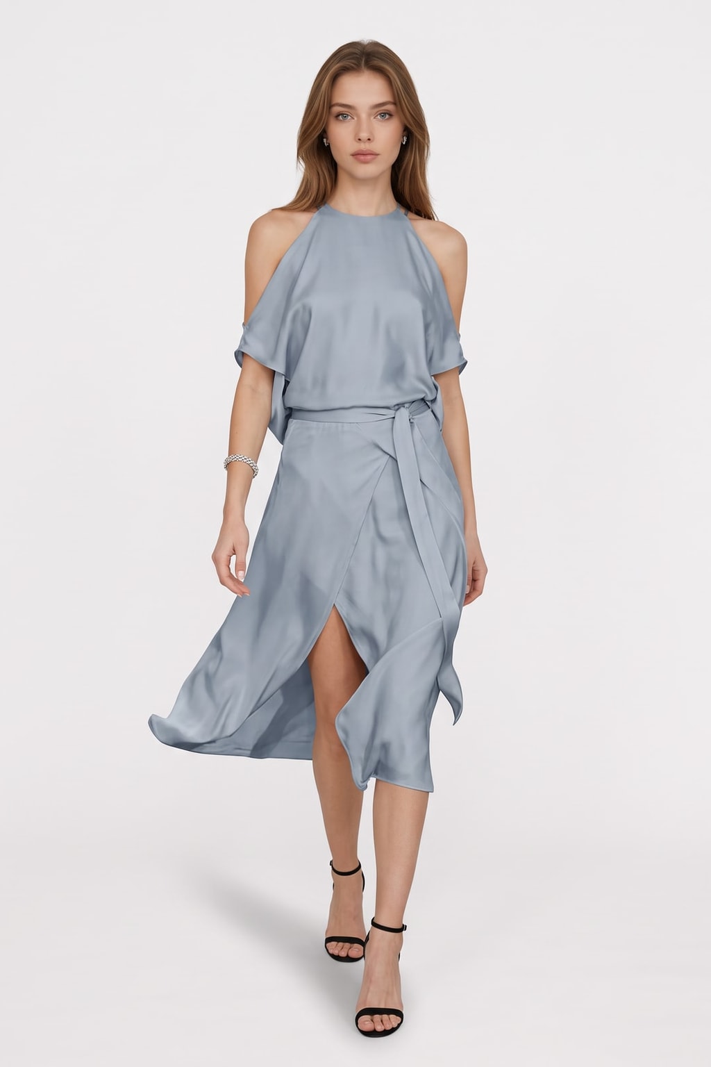 Elegant Woven Halter Midi Dress with Cold Shoulder Sleeves - 2