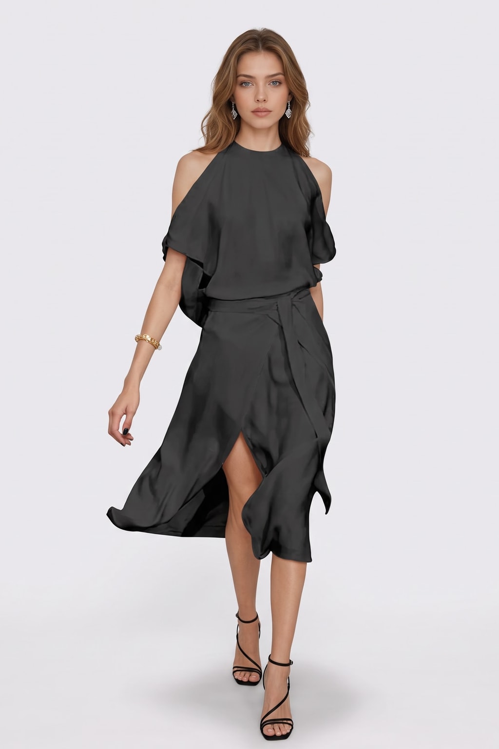 Elegant Woven Halter Midi Dress with Cold Shoulder Sleeves - 3