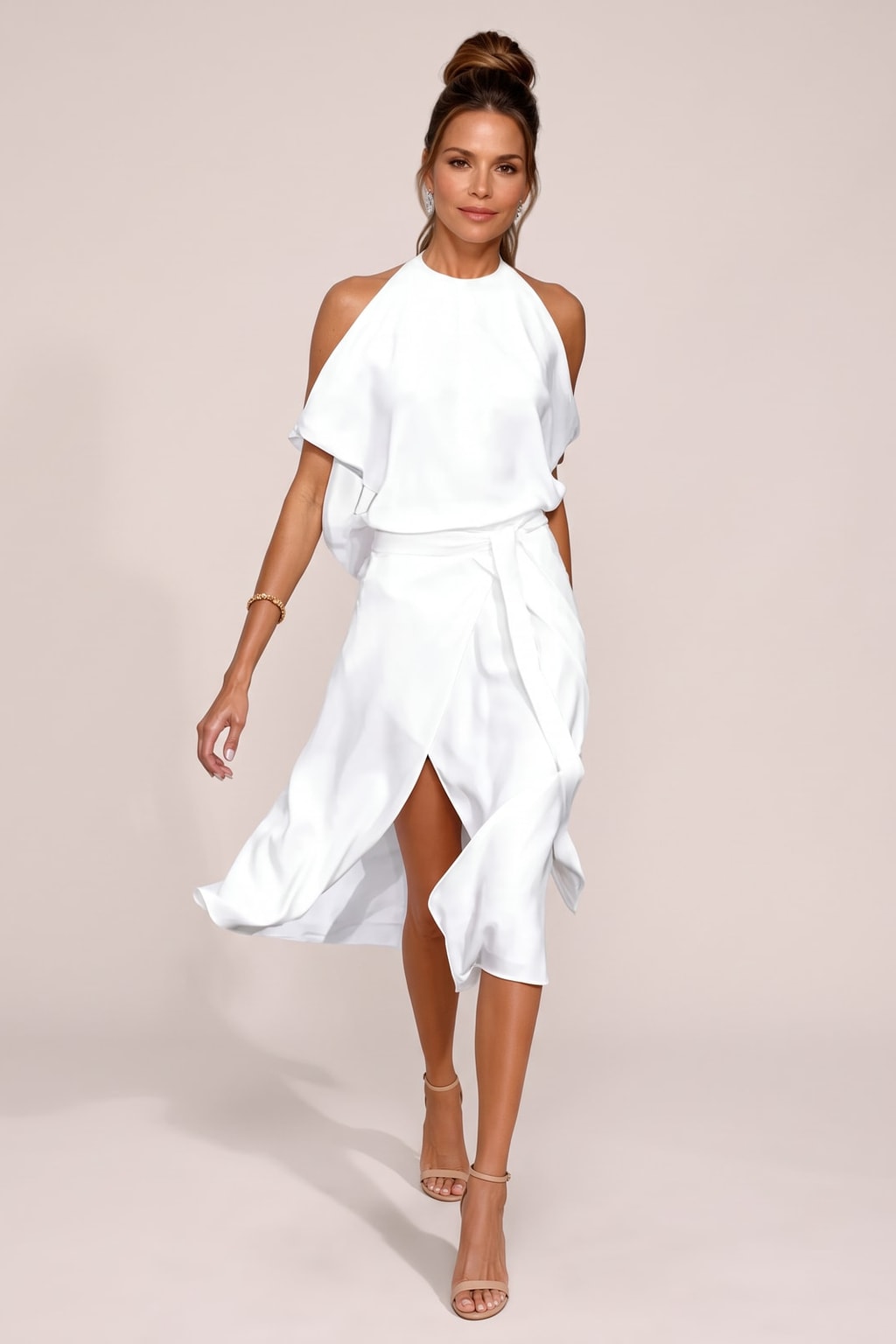 Elegant Woven Halter Midi Dress with Cold Shoulder Sleeves - 4
