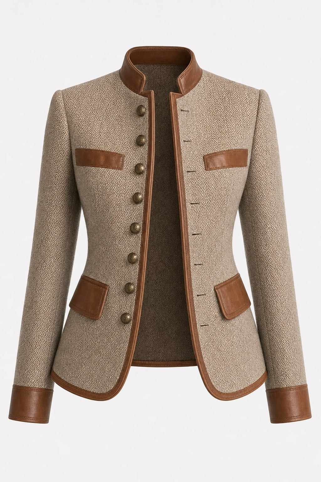 Timeless Brown Tweed Jacket with Faux-Leather Trim - 1