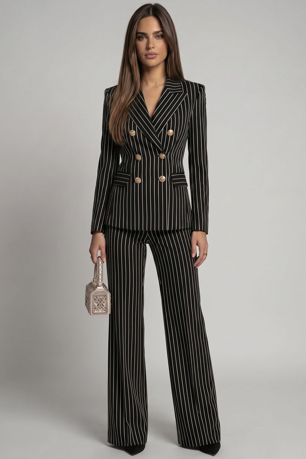 Elegant Pinstripe Double-Breasted Blazer & Wide-Leg Pants Set - 2