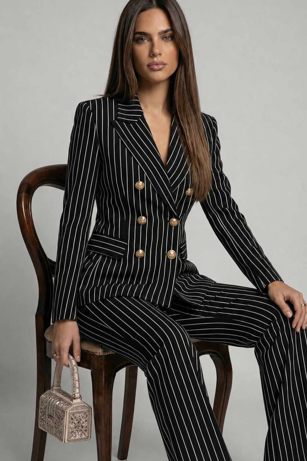 Elegant Pinstripe Double-Breasted Blazer & Wide-Leg Pants Set - 4