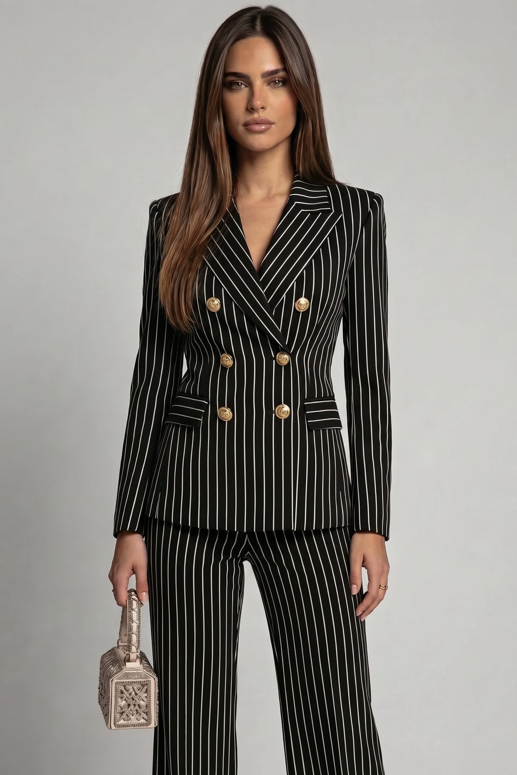 Elegant Pinstripe Double-Breasted Blazer & Wide-Leg Pants Set - 3